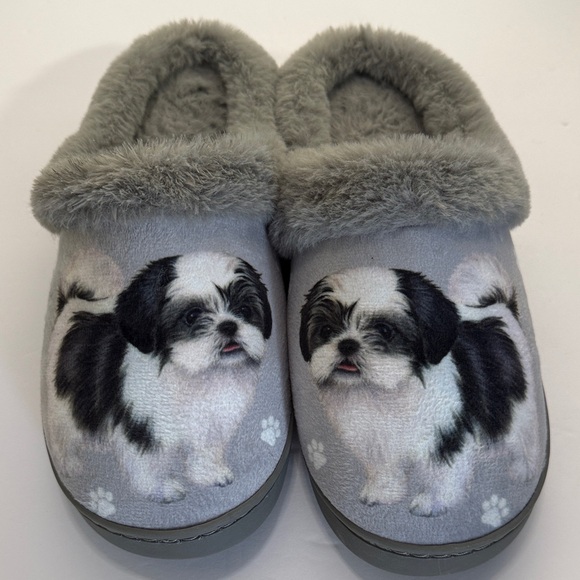 Snuggs Shitzu Dog Print Fluffy Gray Slippers New No Tags - Picture 3 of 8